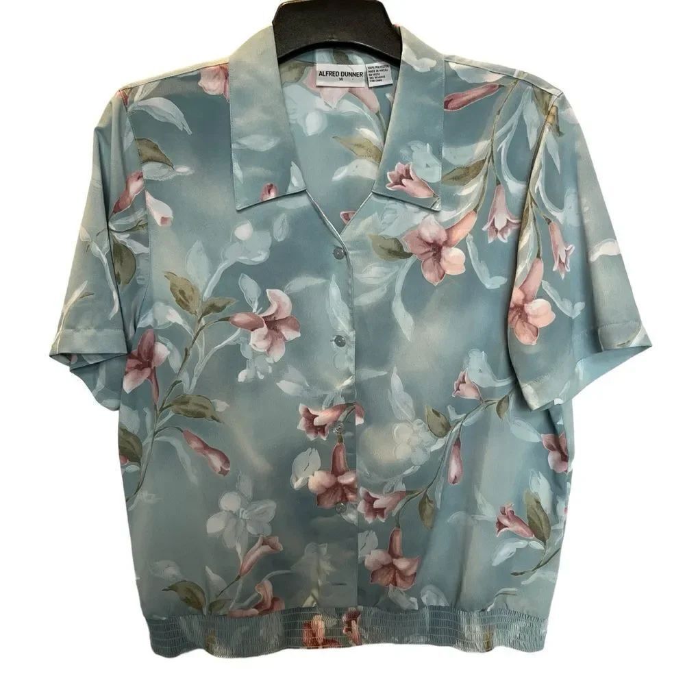 Alfred Dunner Women's Cute V neck Blouse Pastel Blue/Pink/Green Floral Size 14